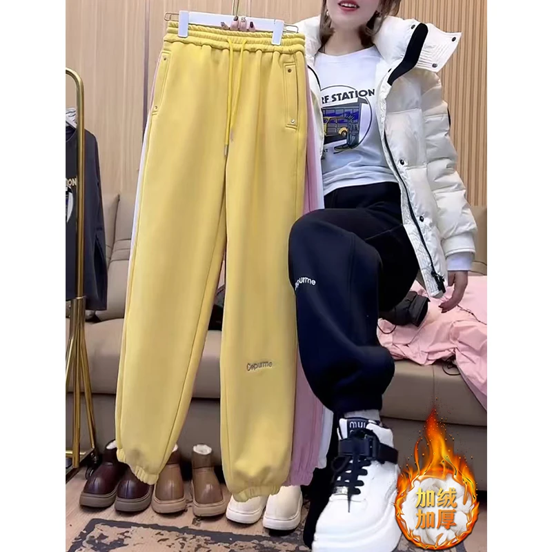 欧货加绒休闲卫裤女秋冬爆款刺绣束脚运动裤大码宽松显瘦哈伦裤子