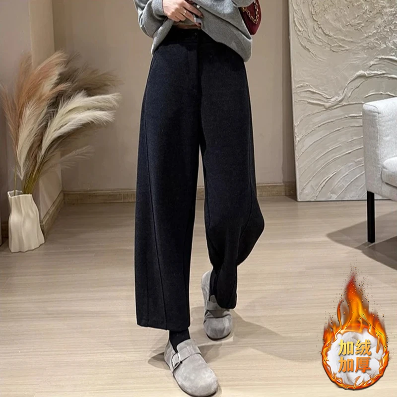 小个子黑色毛呢休闲裤女秋冬季新款宽松显瘦弯刀裤大码加绒奶奶裤