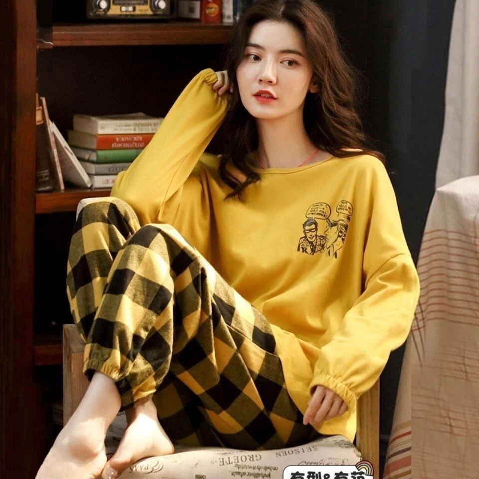 100%纯棉睡衣女春秋季长袖全棉韩版休闲学生网红可出门家居服套装