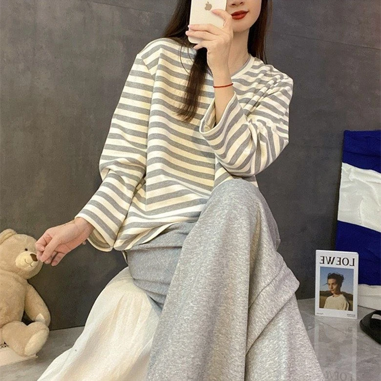 啄木鸟100%纯棉睡衣女士春秋夏季纯棉长袖条纹可外穿甜美全棉睡衣