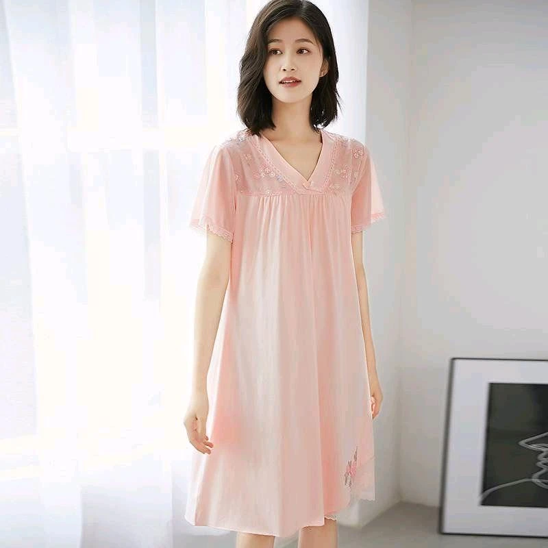 莫代尔棉睡裙女夏季短袖甜美可外穿薄款宫廷风连衣裙睡衣女家居服