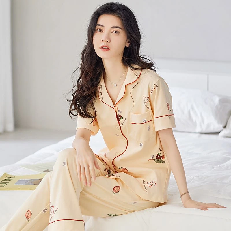 啄木鸟100%纯棉睡衣女款夏季薄款短袖长裤春秋款开衫甜美纯棉睡衣