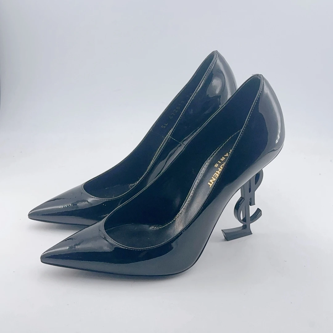 95新 YSL/圣罗兰 36码偏小/全黑色亮面高跟鞋