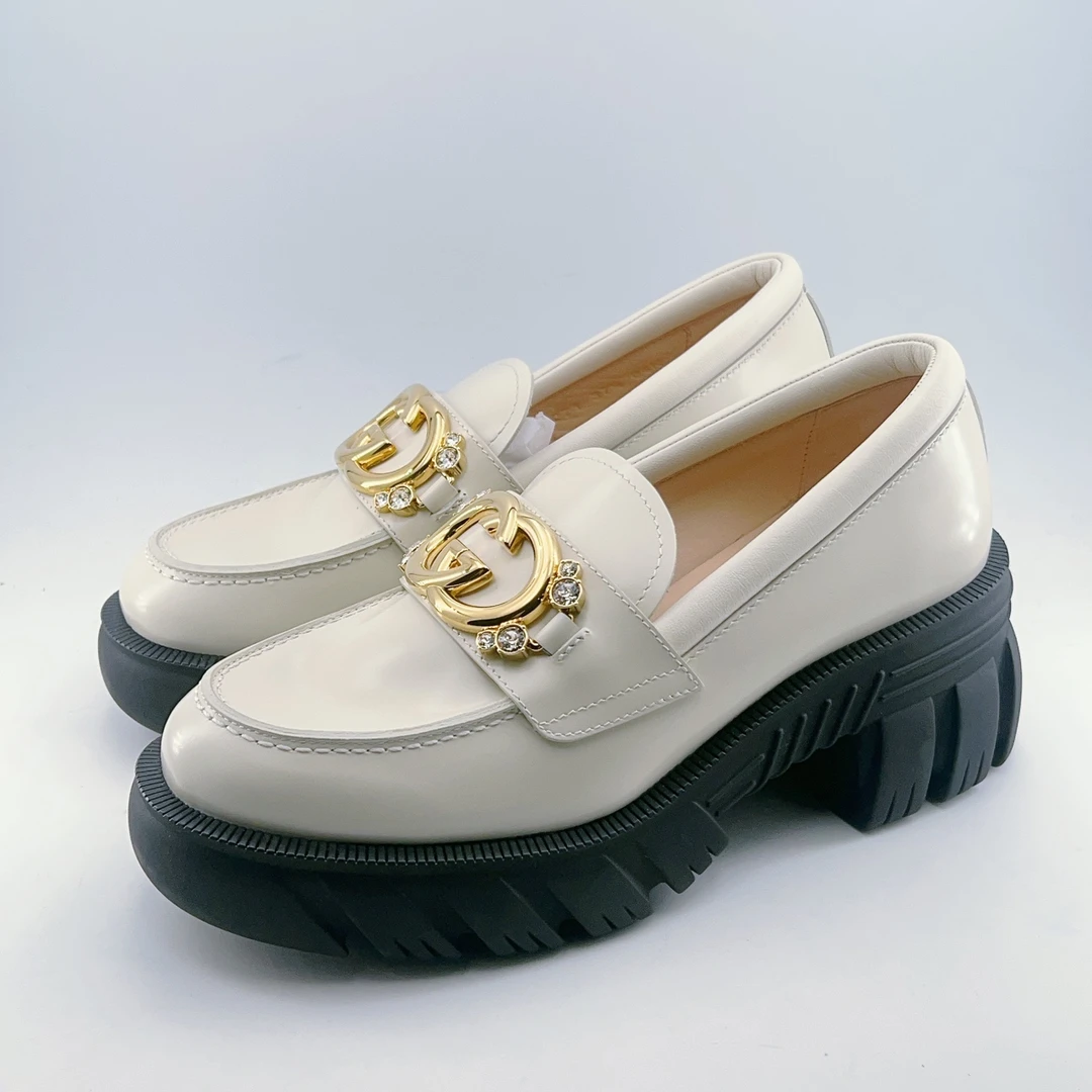 37.5码/全新/gucci 古驰水钻双G金扣奶白色乐福鞋（跟高7cm）