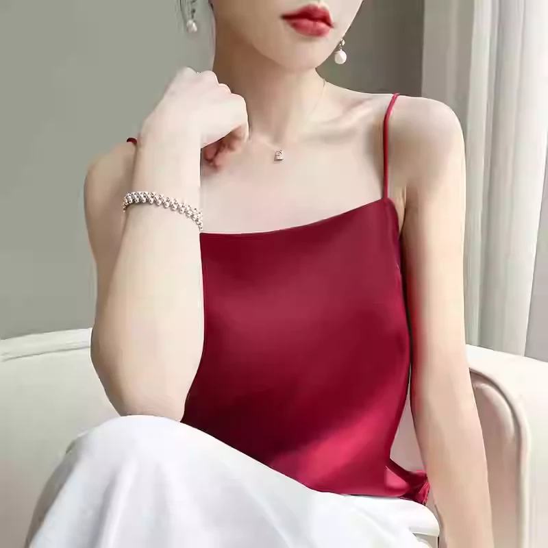 冰丝吊带背心女内搭性感一字领凉感白色缎面冰丝上衣夏季女打底