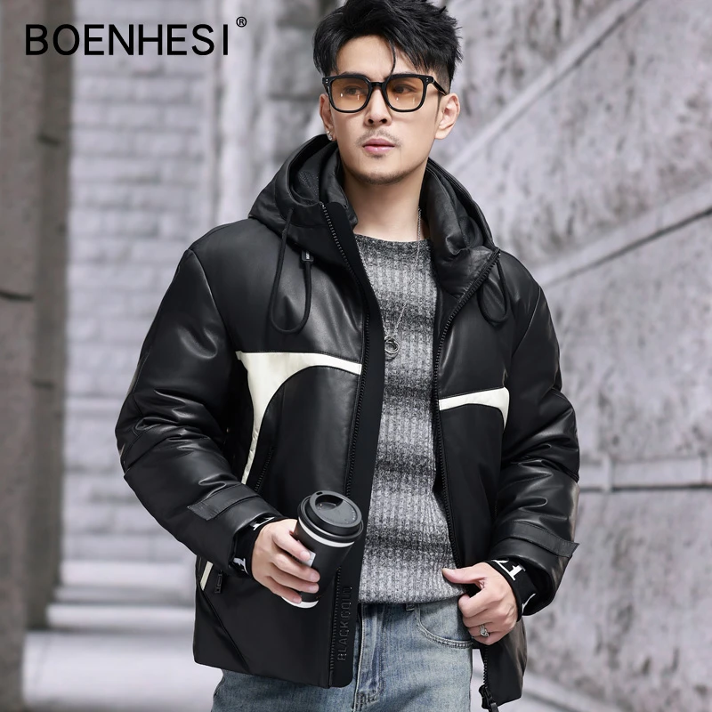 时尚男士真皮皮衣 头层绵羊皮潮男连帽短款皮夹克冬装白鸭绒撞色