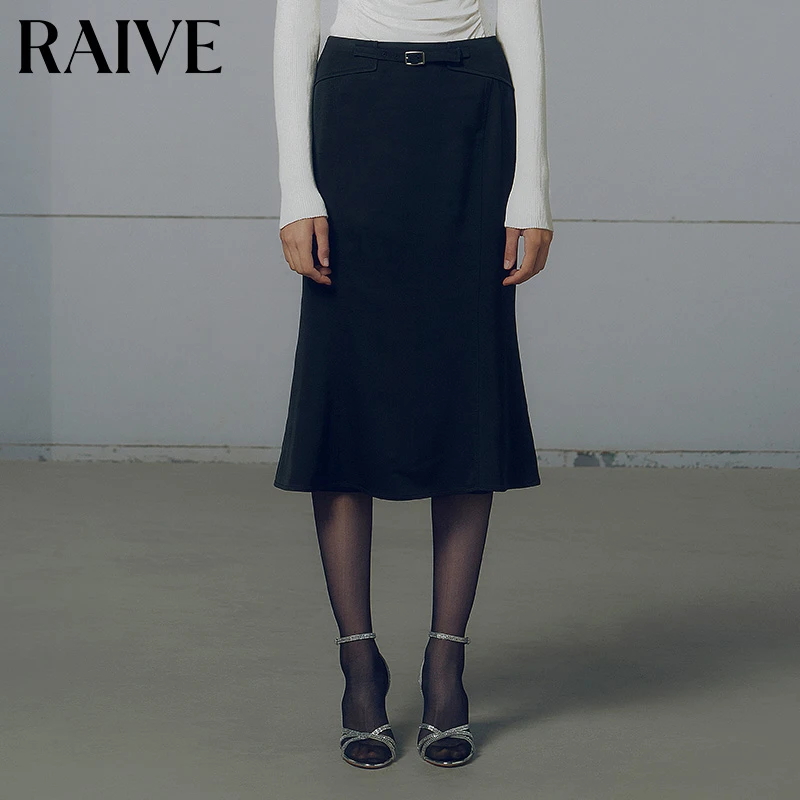 【RAIVE】2025春夏新款女裙子韩系黑色修身包臀鱼尾裙腰部金属