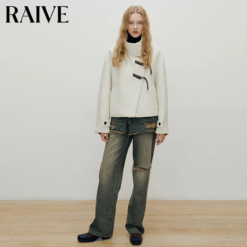 【RAIVE】2025秋冬新款绵羊毛牛角扣大衣茧形立领宽松复古毛呢外套