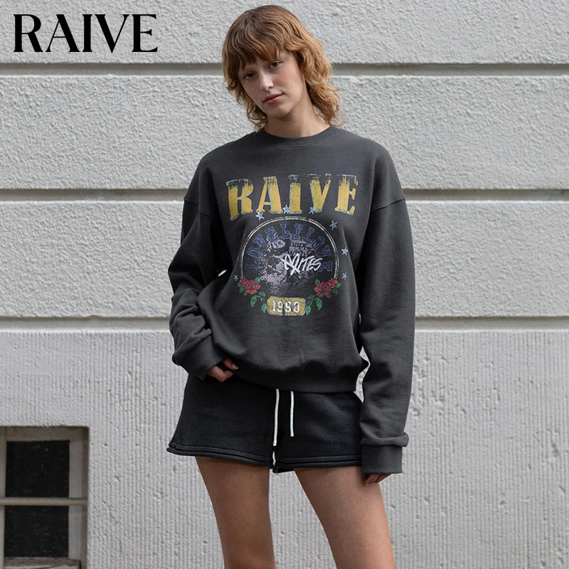 【RAIVE】2025新款英文印花撞色圆领休闲复古百搭春夏卫衣
