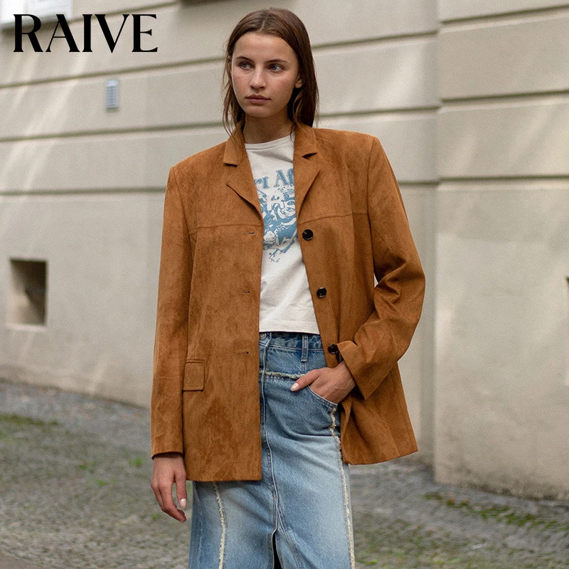 【RAIVE】2025春夏新款女上衣韩版西装领绒面纽扣美拉德休闲