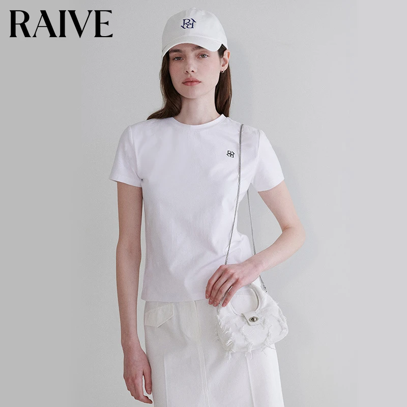 【RAIVE】2025夏季新款纯色复古正肩版型小logo白色韩系T恤