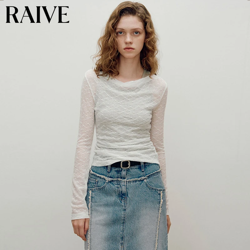 【RAIVE】2025春夏新款女上衣一字领网纱两件套内里背心韩版修