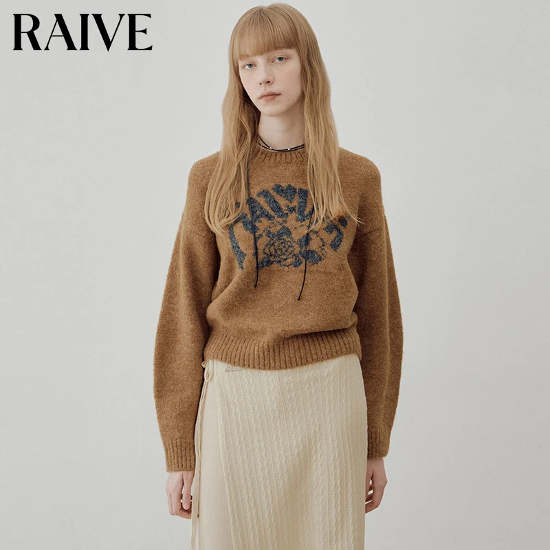 【RAIVE】2025春夏新款女套头圆领上衣宽松品牌logo花卉图案毛针