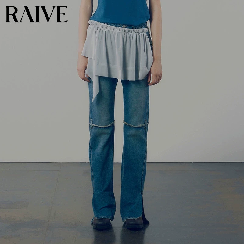 【RAIVE】2025春夏新款女裤子膝盖撕边下摆开叉直筒窄版复古蓝