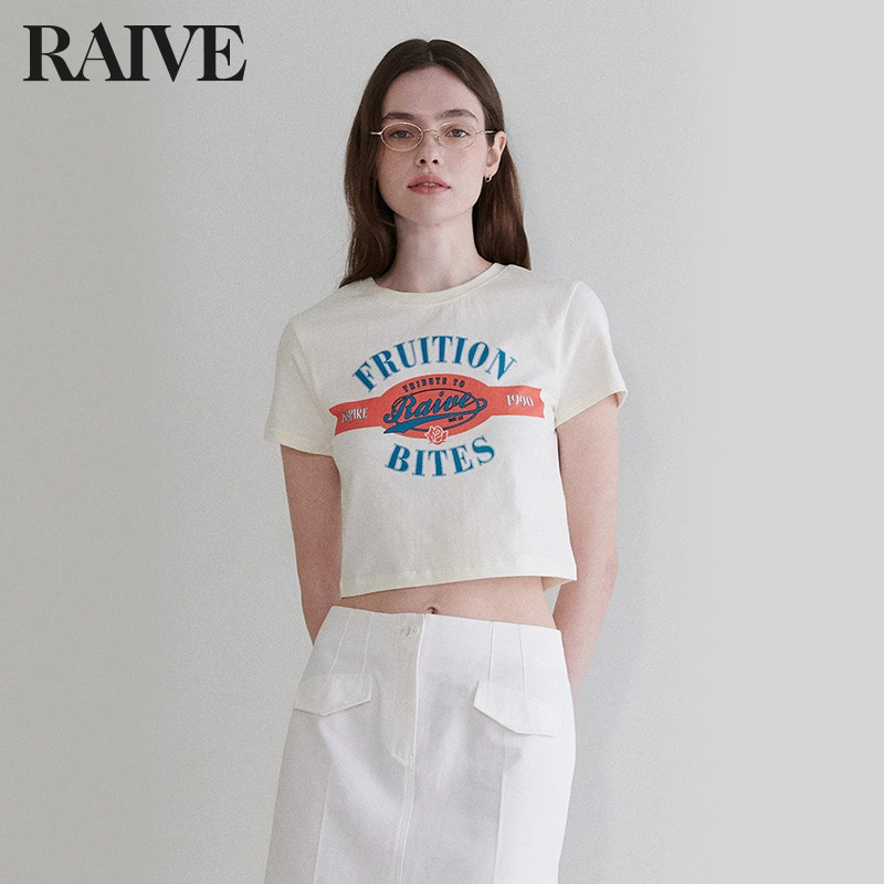 【RAIVE】2025夏新款女复古英文印花学院短袖甜辣风美式风上