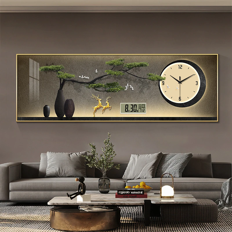 新中式轻奢鹿万年历电子钟表挂钟客厅高级感床头装饰画表挂墙时钟