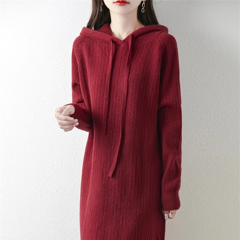 韩系软糯连帽套头针织连衣裙女秋冬宽松直筒中长款打底内搭毛衣裙
