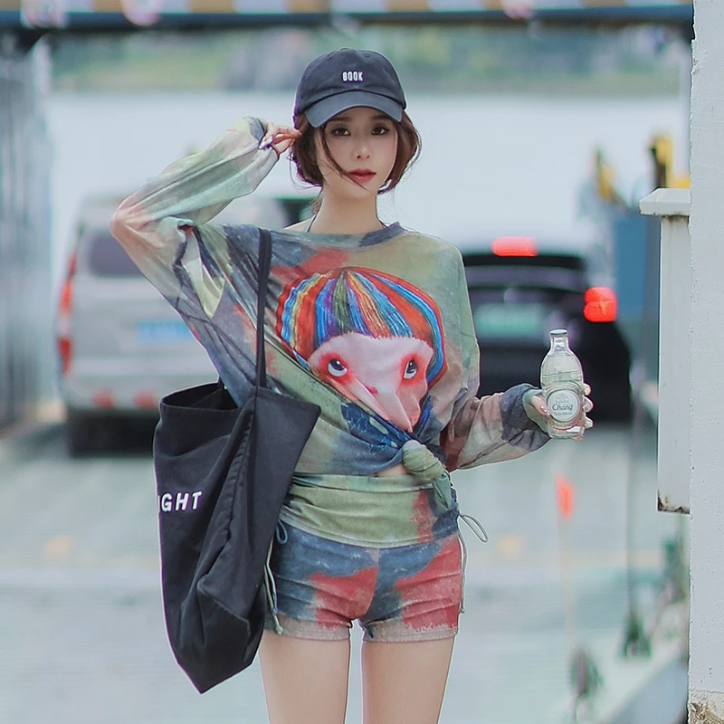 新款休闲泳衣女分体显白保守罩衫遮肉显瘦温泉度假三件套泳装长袖