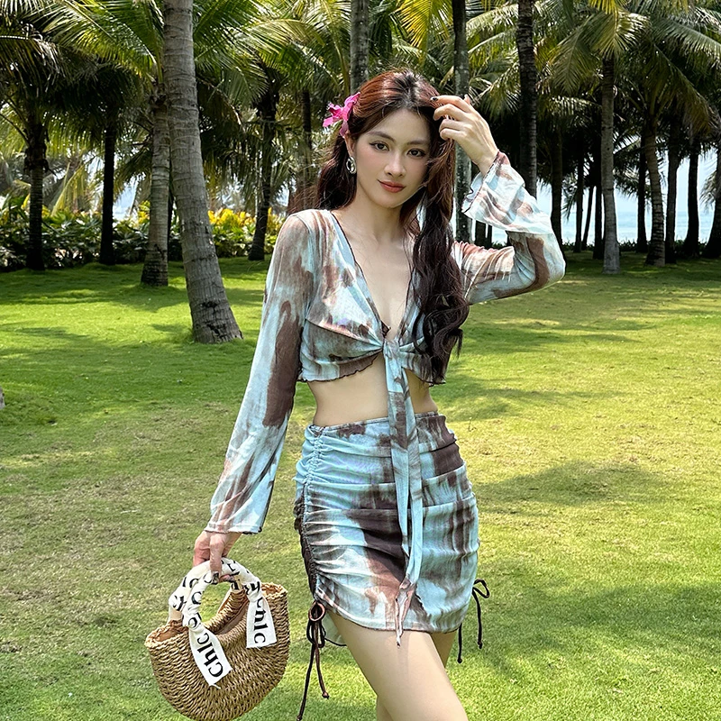 大码胖mm泳衣女比基尼四件套分体温泉显瘦海滩性感度假长袖泳衣女