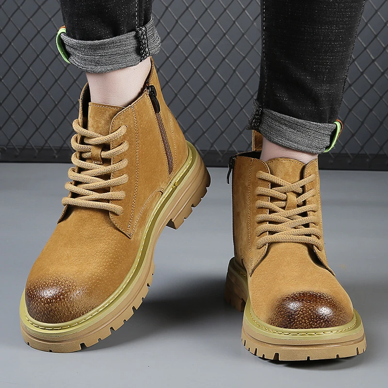 中帮马丁靴男款冬季工装户外真皮厚底高帮休闲鞋百搭复古英伦风