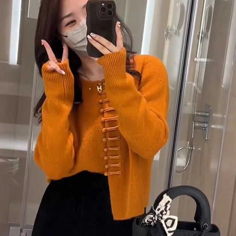 秋冬新款新中式改良盘扣针织衫毛衣开衫外套女时尚百搭显瘦