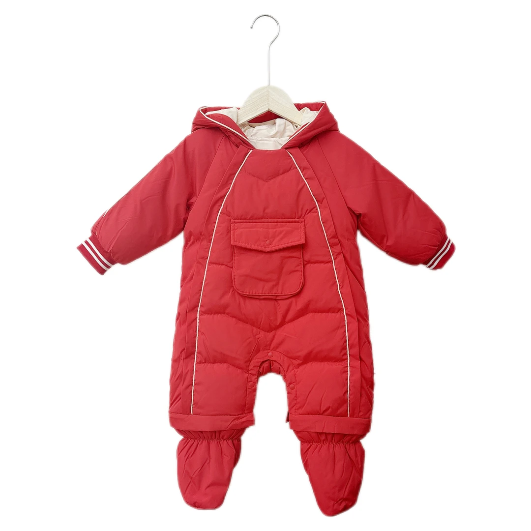 羽毛日记2024立体口袋纯色羽绒外出服婴儿连体衣宝宝爬服秋冬保暖