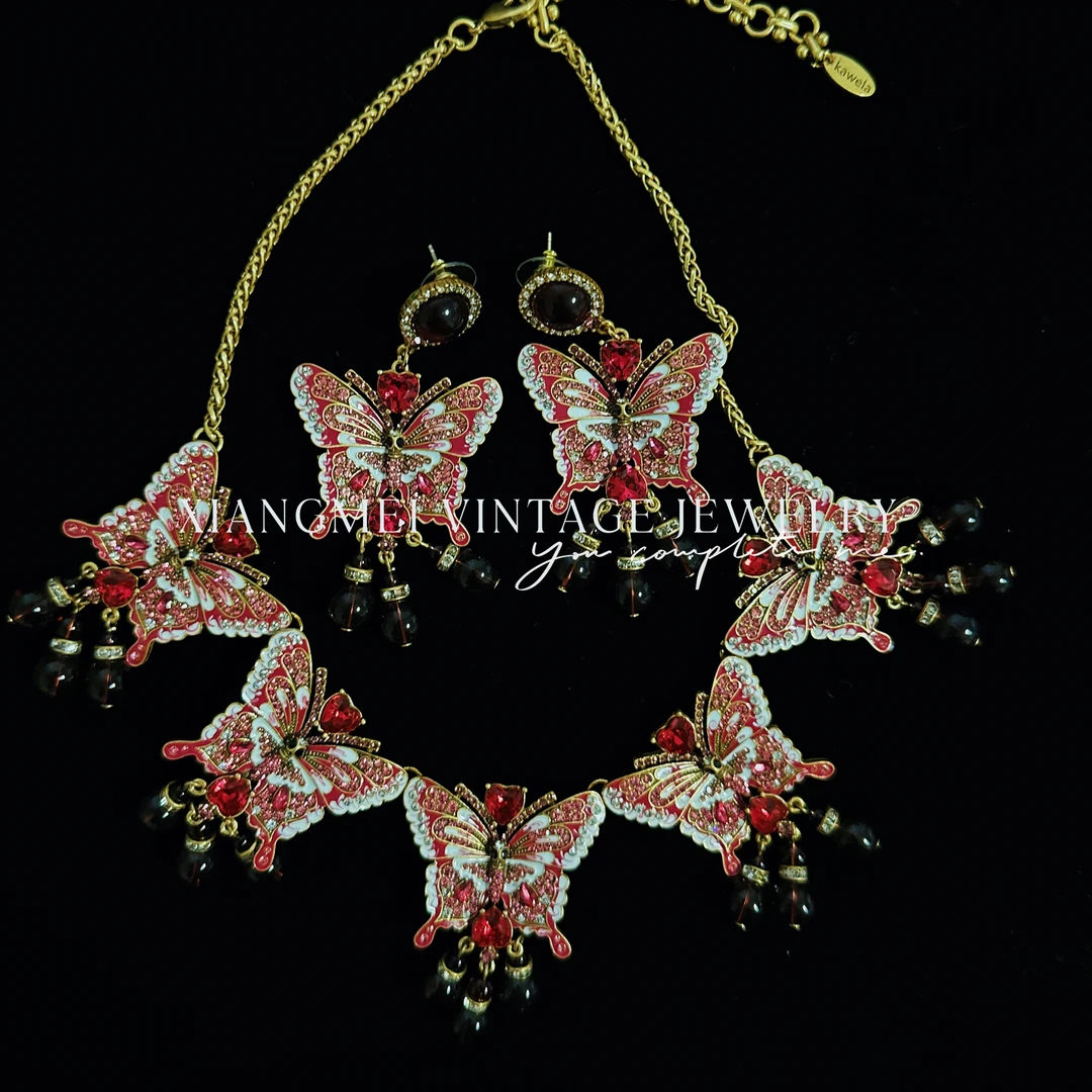 铜合金耳饰 5181315【蝶恋花】中古风重工镶嵌红色蝴蝶耳饰套装