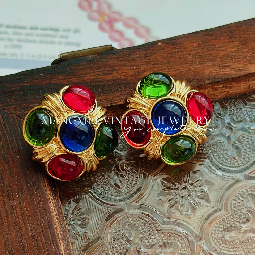 铜合金琉璃耳饰 5181108【彩虹星球】中古风百搭经典彩色耳饰耳夹款