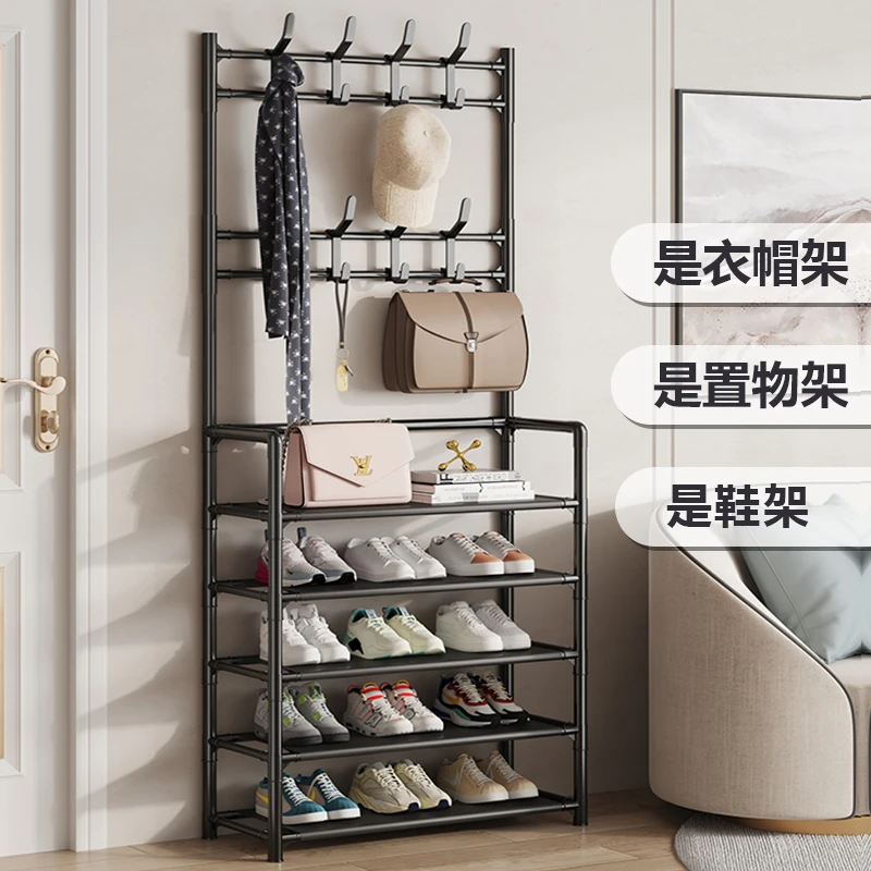 简易鞋架衣帽架多功能收纳家用门口一体挂衣架多层置物架