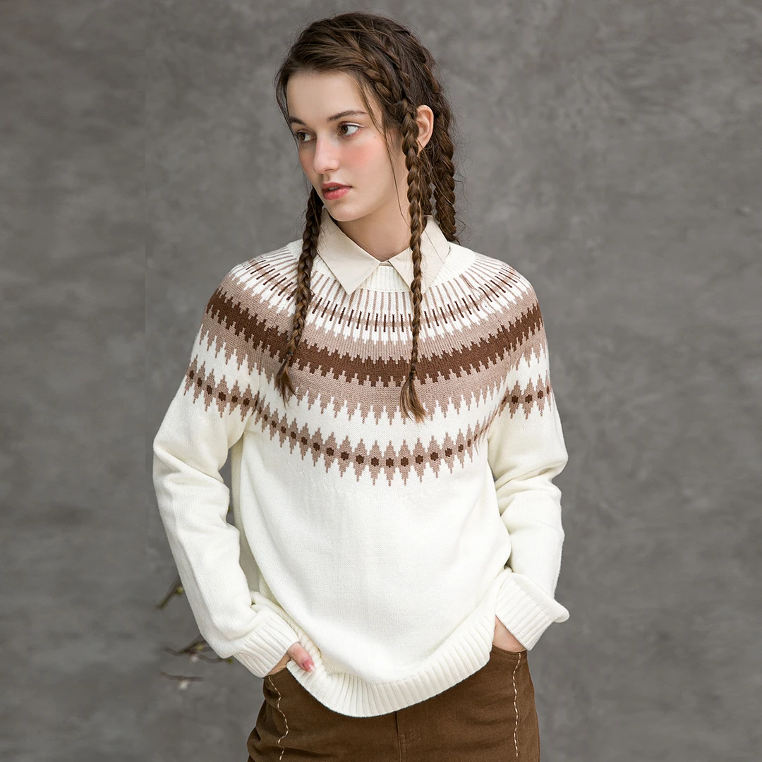 范可儿提花毛衣女冬费尔岛圆领长袖针织上衣F218DB013