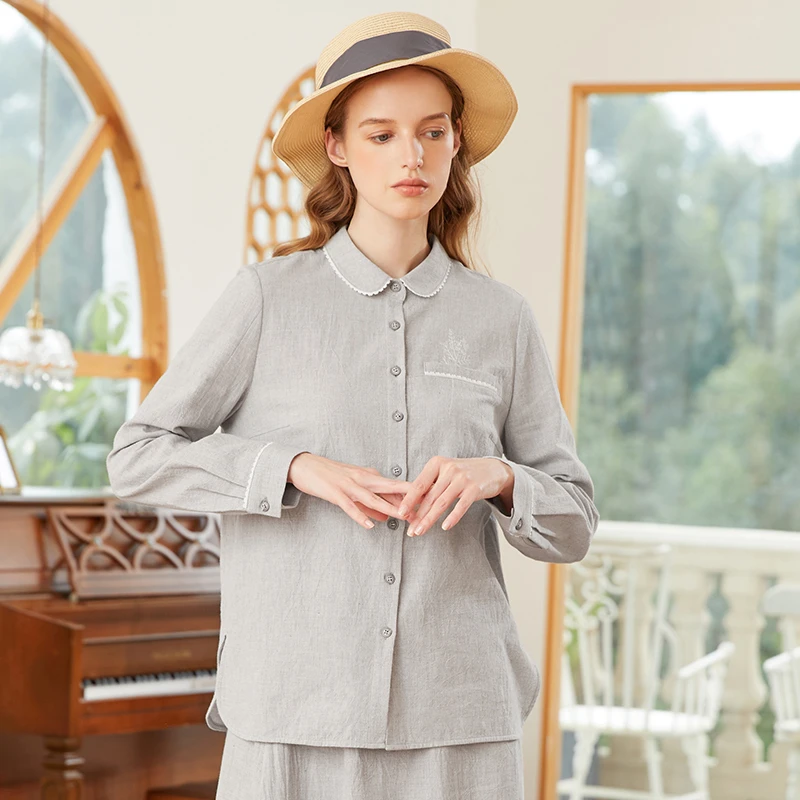 famecoco手工植物绣花衬衫2024春时尚休闲长袖花边衬衣FAB1BA023