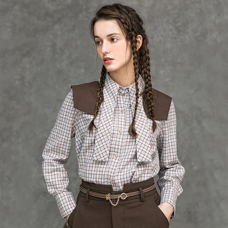范可儿法式百搭长袖格纹衬衫女蝴蝶结翻领衬衣F218BA001