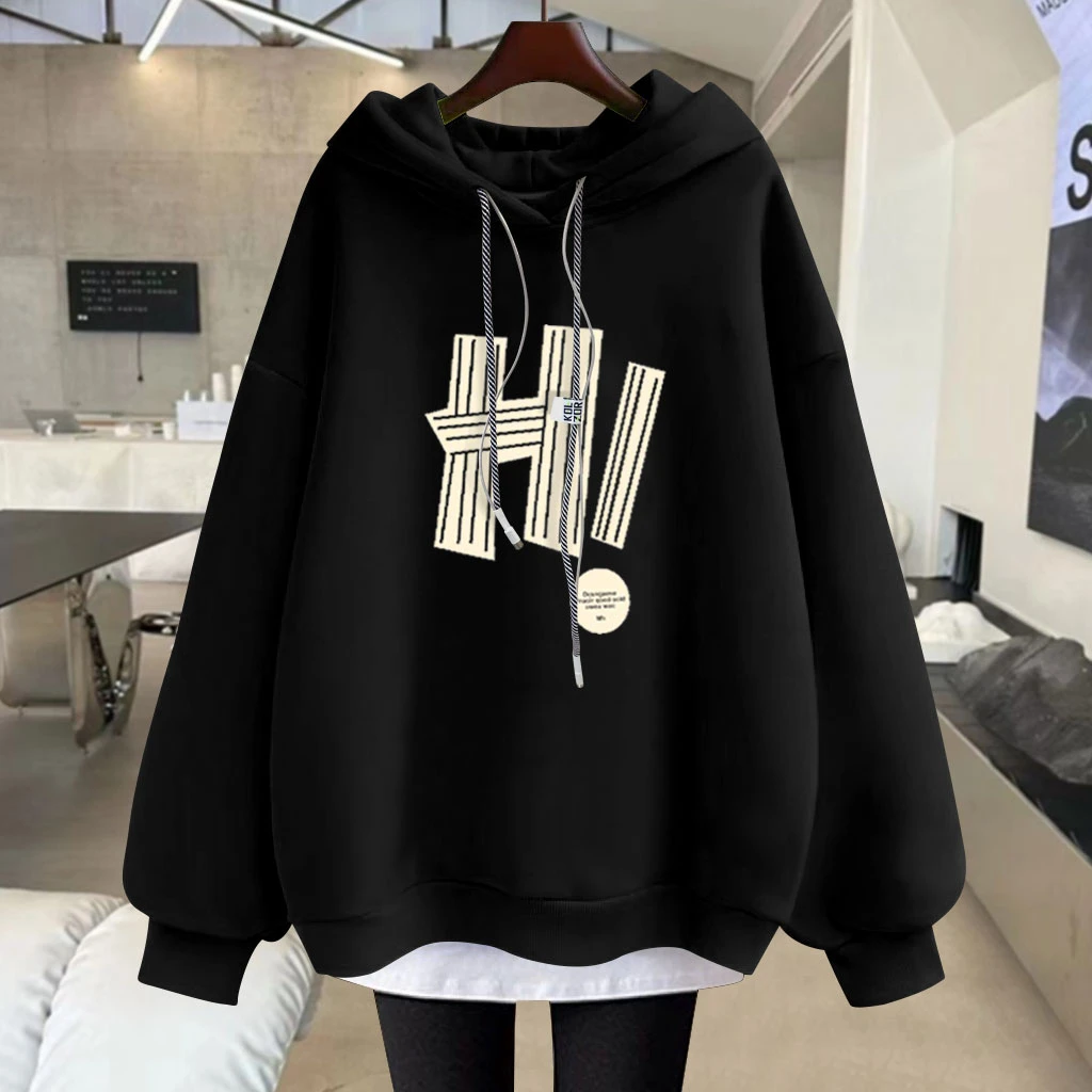 黑色潮牌字母宽松假两件连帽卫衣女2025秋冬新款加绒中长款遮屁股