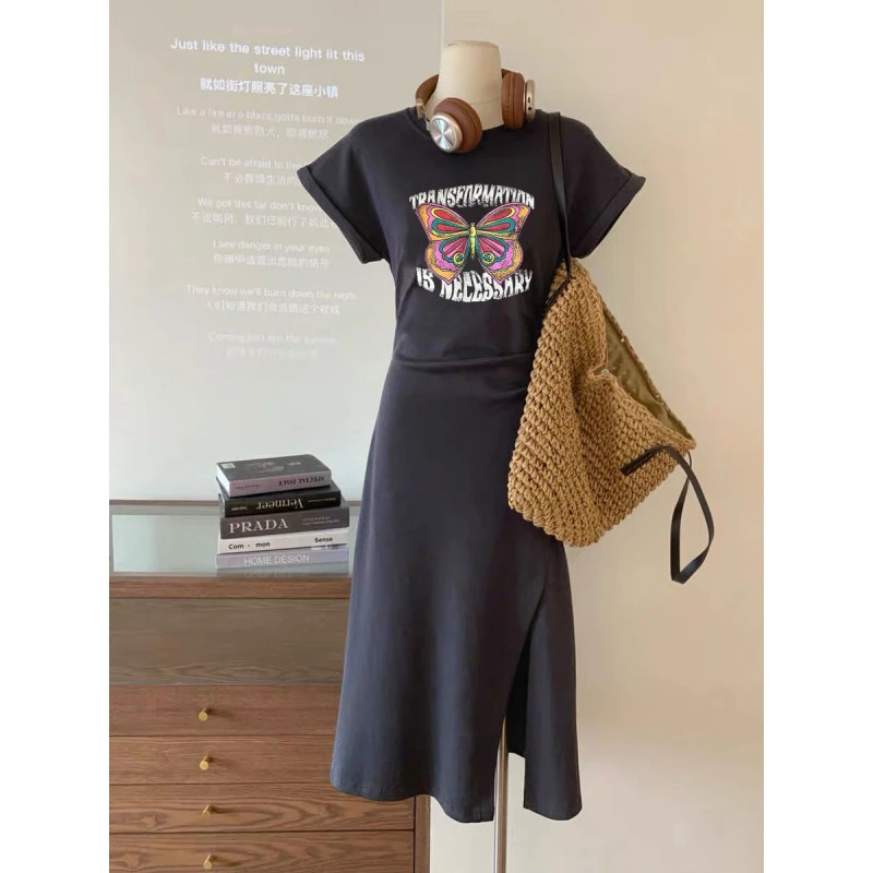 短袖t恤女长款2025新款夏季韩版彩色蝴蝶字母开叉修身显瘦连衣裙