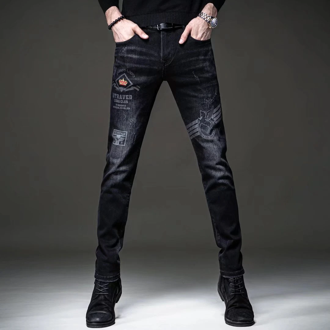 春秋刺绣黑色牛仔裤男高端潮牌百搭修身小脚韩版潮流弹力长裤子男