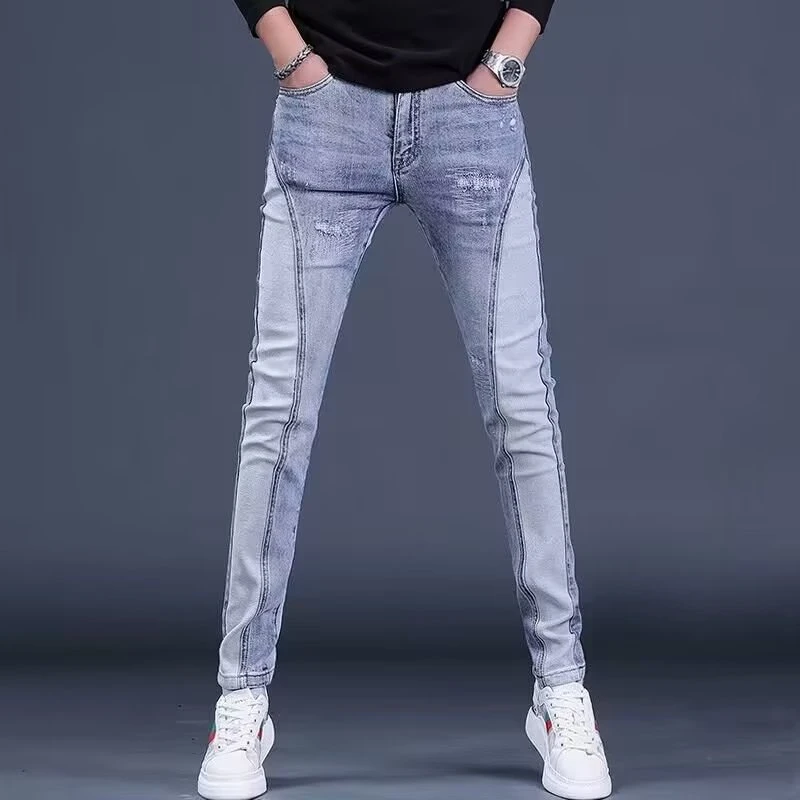 春夏新款弹力牛仔裤男士修身潮流欧洲款青春流行小脚复古夏季裤子