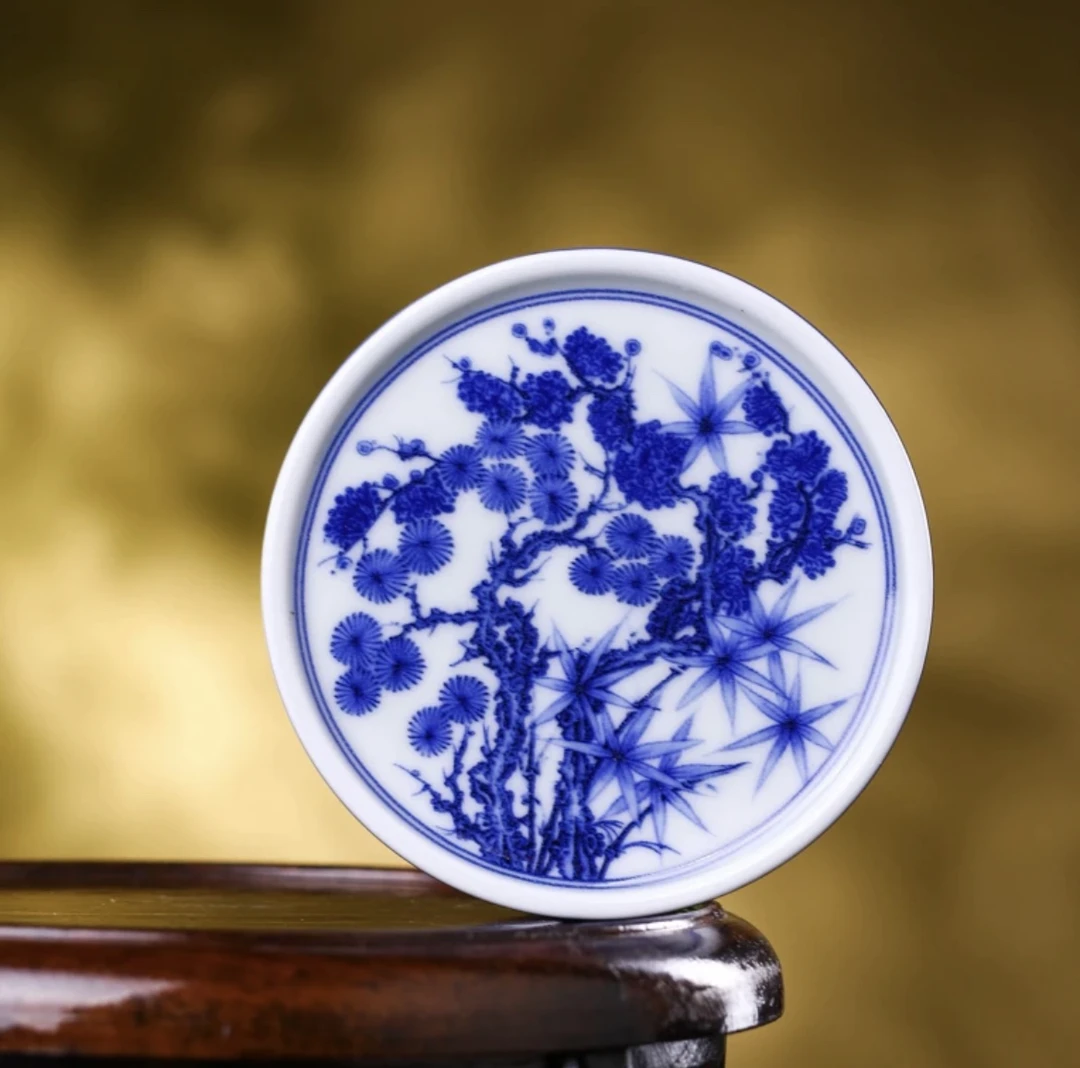 景德镇七丞堂中式青花松竹梅茶具茶器中式家用高端杯垫盖置