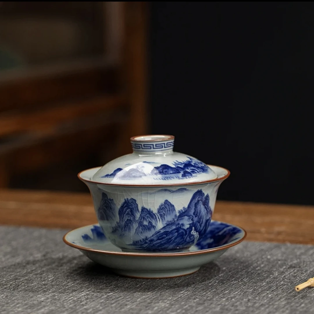 景德镇老陶泥千里江山三才盖碗防烫大容量泡茶碗家用陶瓷功夫茶具