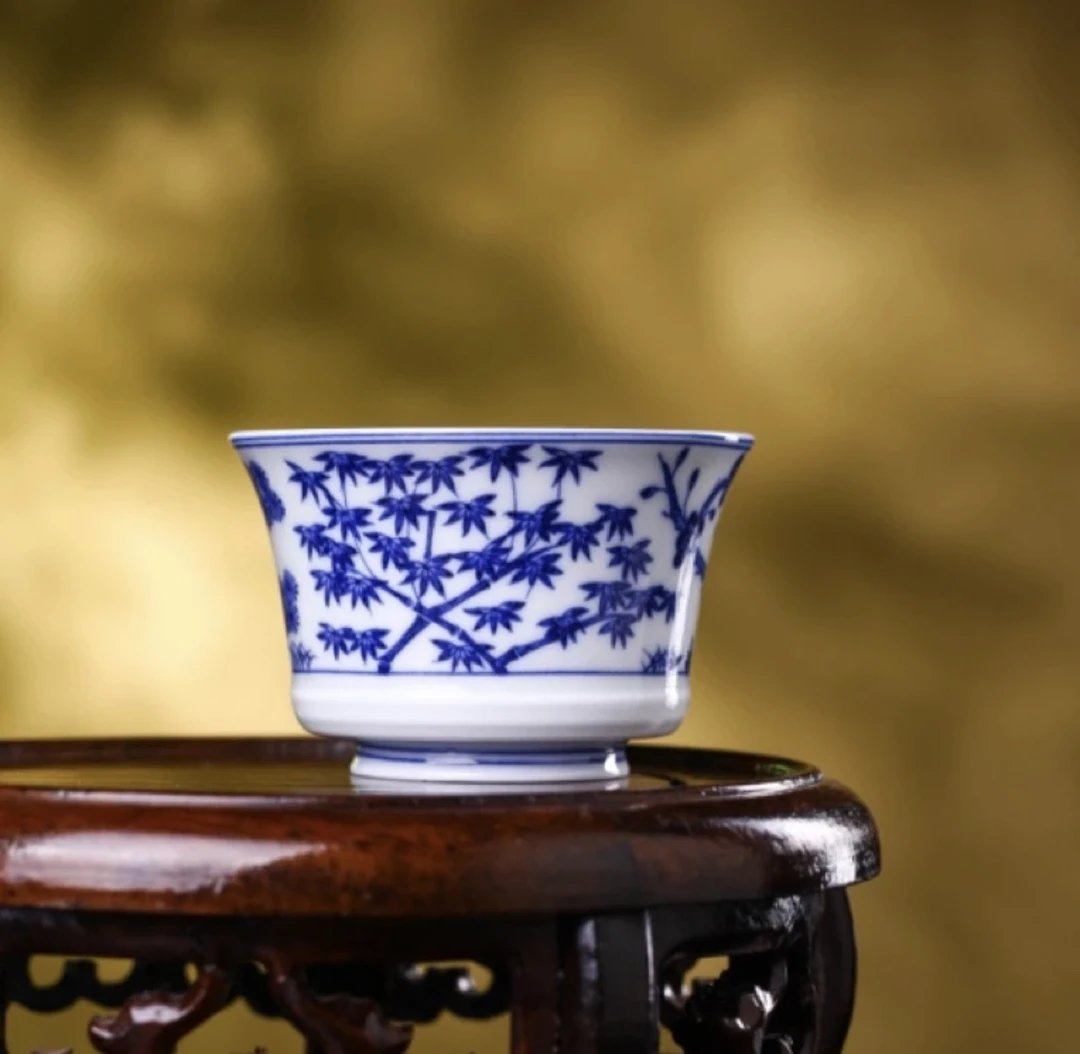 景德镇七丞堂中式青花松竹梅茶具茶器中式家用高端马蹄杯主人杯
