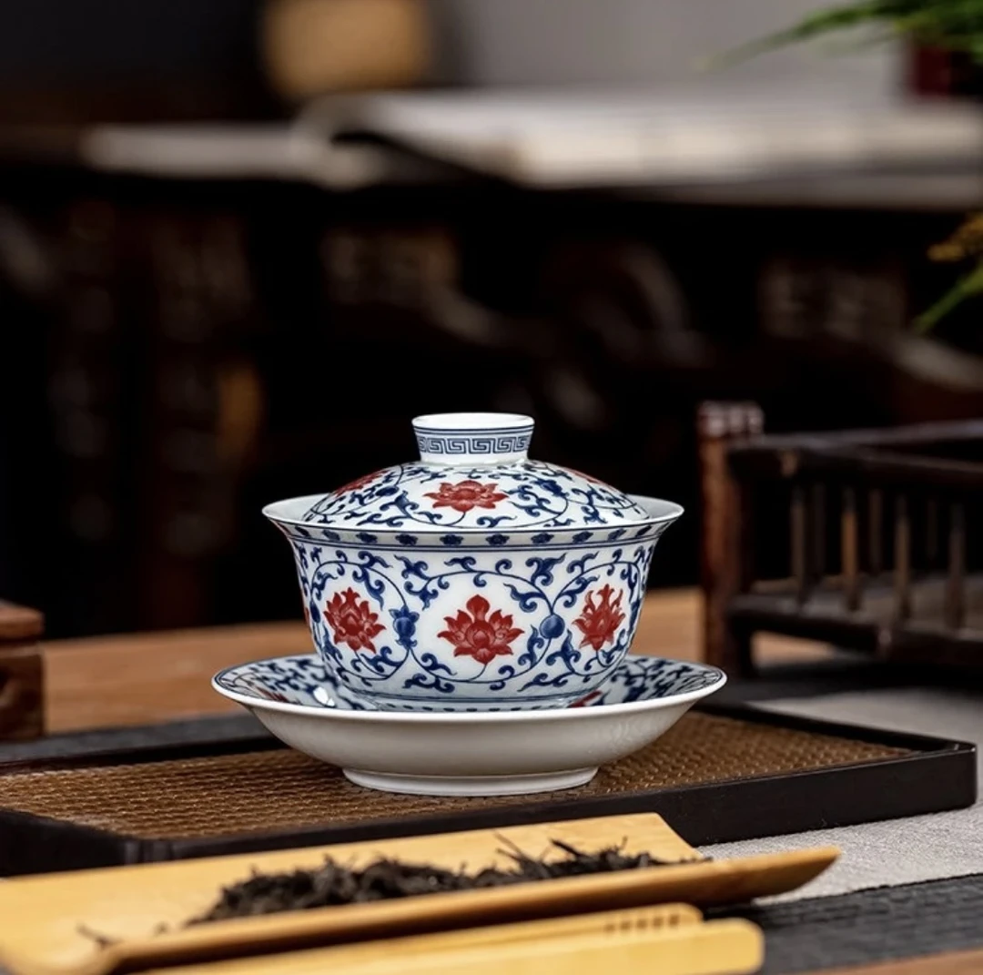 景德镇七丞堂青花缠枝莲三才盖碗功夫茶具茶碗会客品茗高档名窑