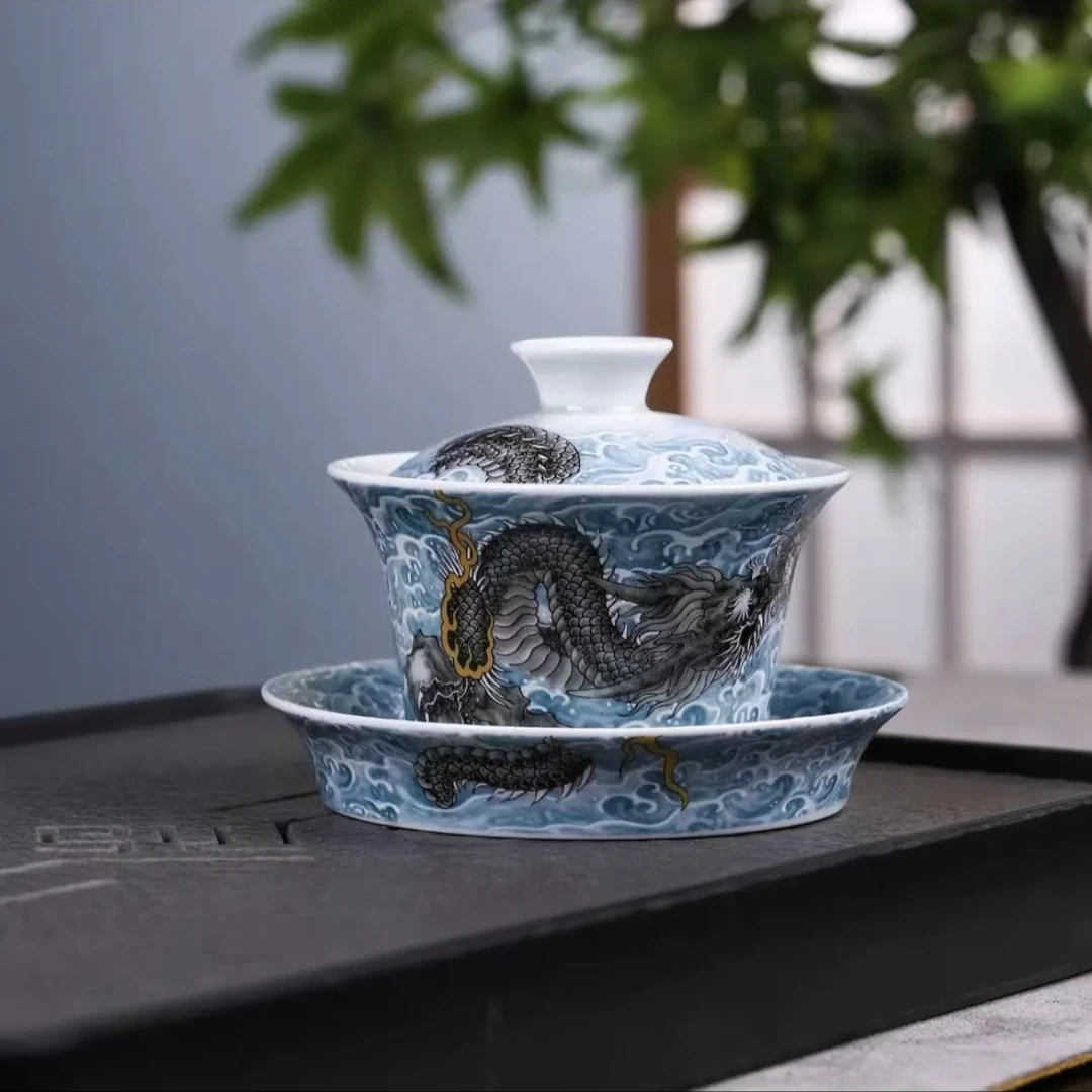 景德镇中式陶瓷墨龙游海茶具茶器家用高端手工三才盖碗三件套名窑