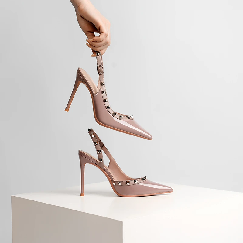气质尖头高跟鞋细跟铆钉凉鞋2025年春夏季新款真皮法式性感女单鞋