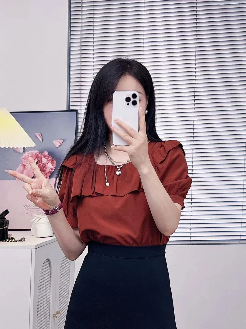 【1051】初夏流行显瘦爆款设计感漂亮上衣甜美纯色泡泡袖方领衬衫女