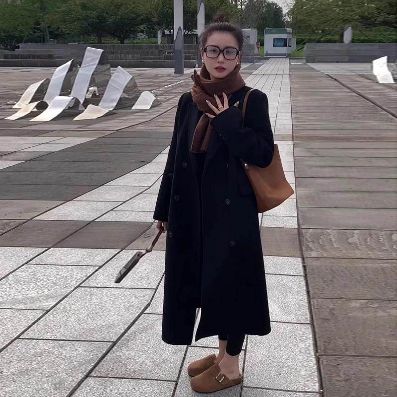 黑色双面羊绒大衣女长款过膝2024秋冬季新款H型直筒正肩呢子外套