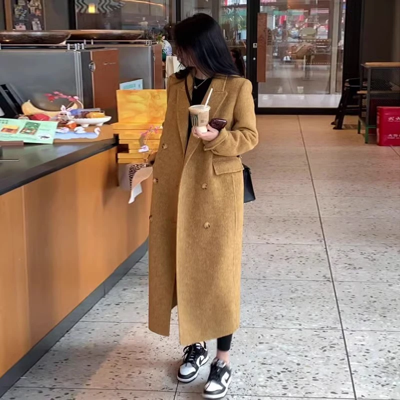 鎏金黄双面羊毛大衣女长款2025秋冬新款H型直筒阔版正肩呢子外套