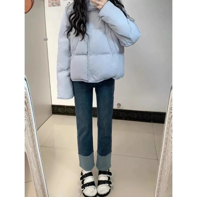 蓝色短款羽绒服女小个子2024冬季新版韩版加厚90白鸭绒面包服外套