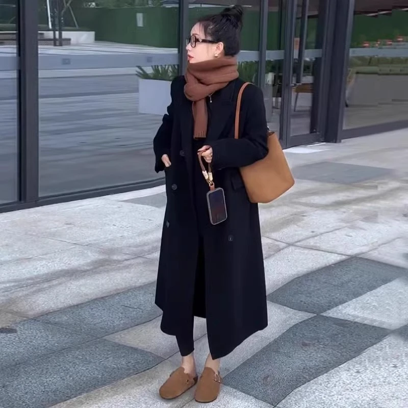 黑色双面羊绒大衣女长款2024秋冬季新款H型直筒阔版正肩呢子外套
