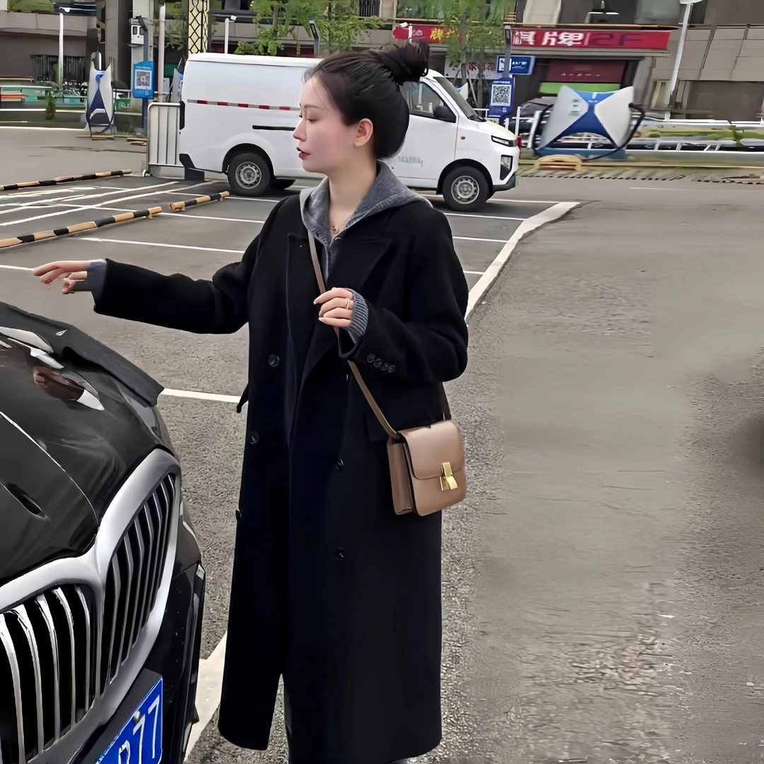 黑色双面羊绒大衣女长款2024秋冬季新款H型直筒阔版正肩呢子外套