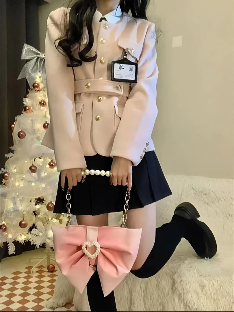 （两单包邮）甜美风粉色双排扣收腰小香风短外套早春半身裙套装