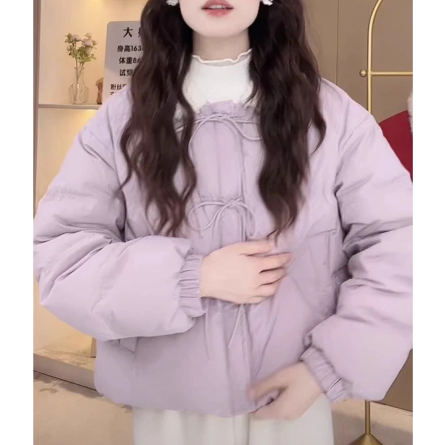 2025冬季新款韩版蝴蝶结系带短款棉服女圆领甜美学院风面包服外套